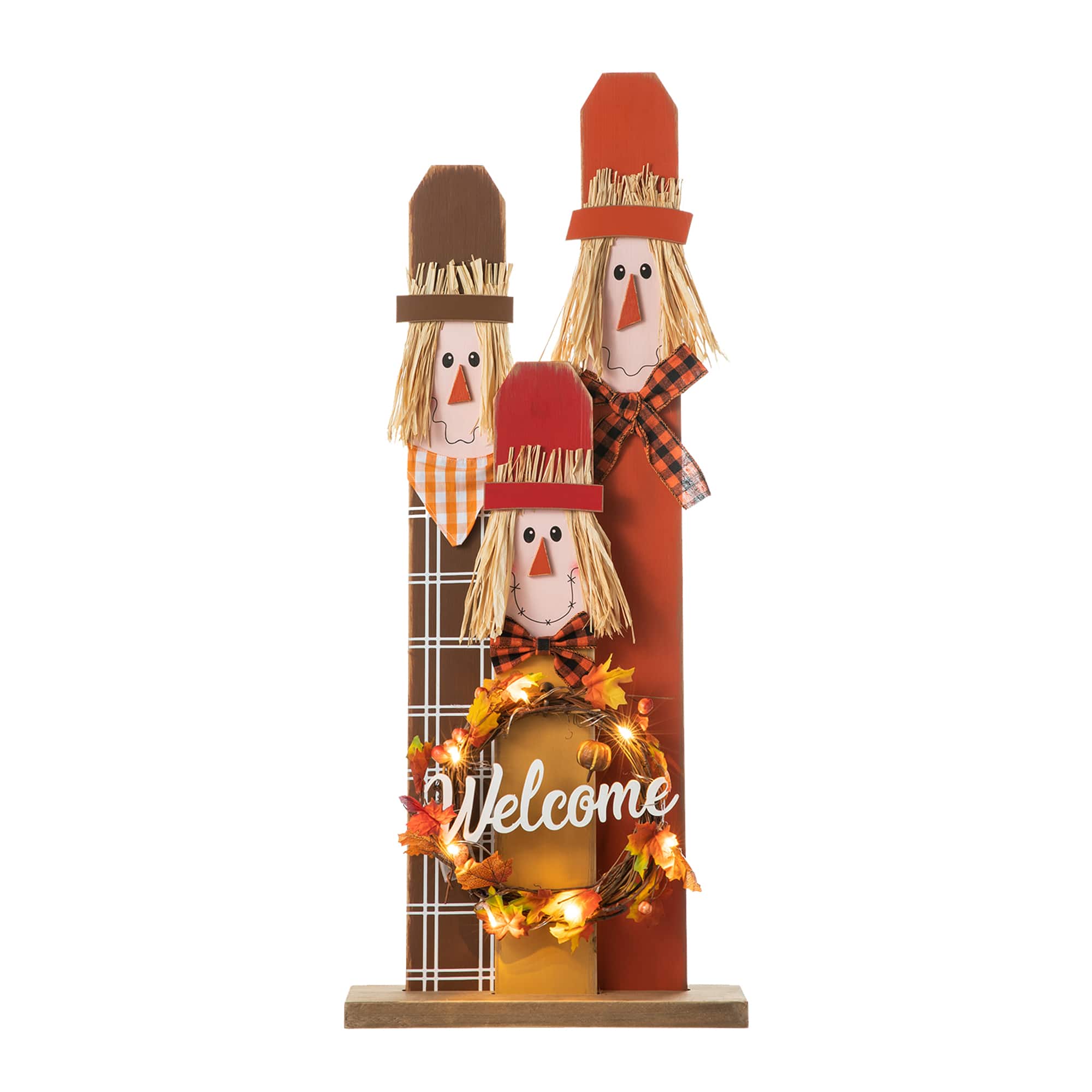 Glitzhome® 36.25" Wooden Scarecrow Family Porch Décor with Lighted Wreath & Timer